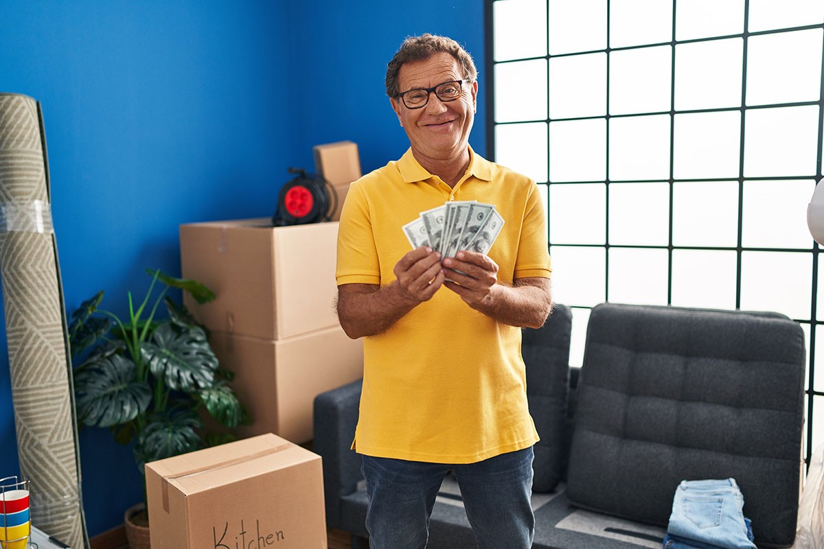 Person standing in front of moving boxes holding cash