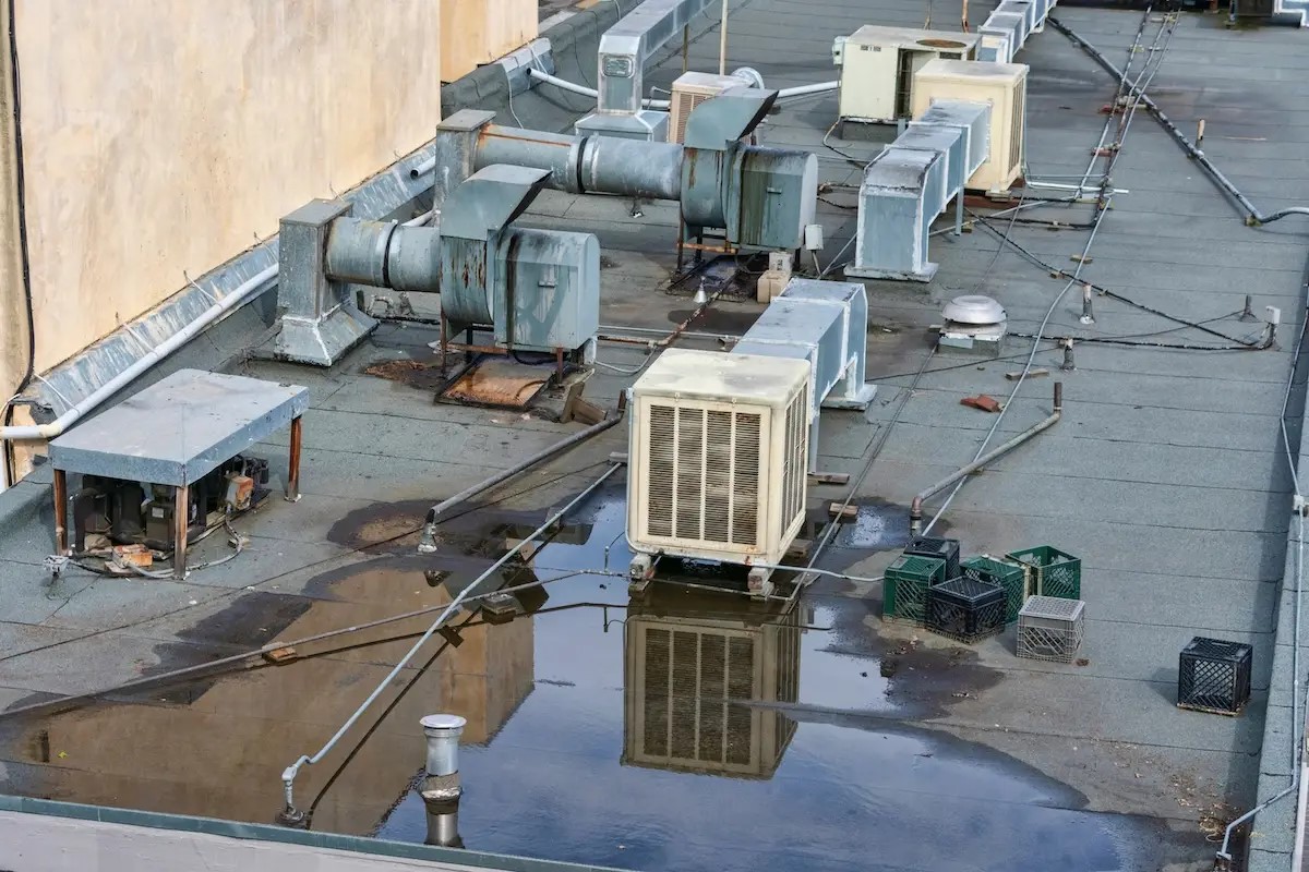 Several large industrial HVAC units and new roofing system are installed on a clean, flat rooftop
