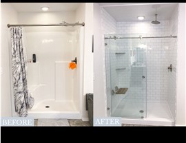 Before and After of shower remodeled with BCI Acrylic shower base and surround