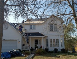 white two story home with two bare trees int he front yard, men climb up a ladder to the roof where there are no shingles with bundles of shingles to be installed