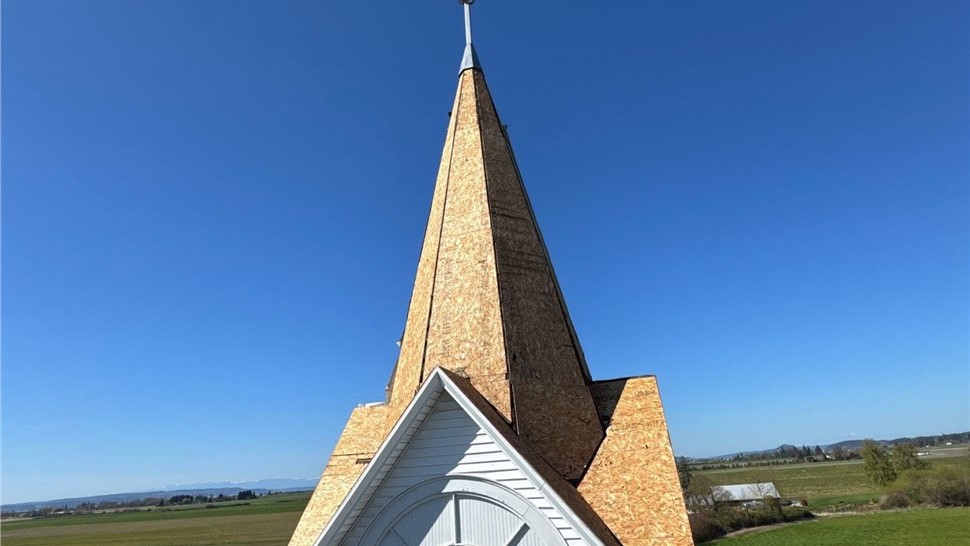 Church steeple under preparation before roof replacement in Mount Vernon WA