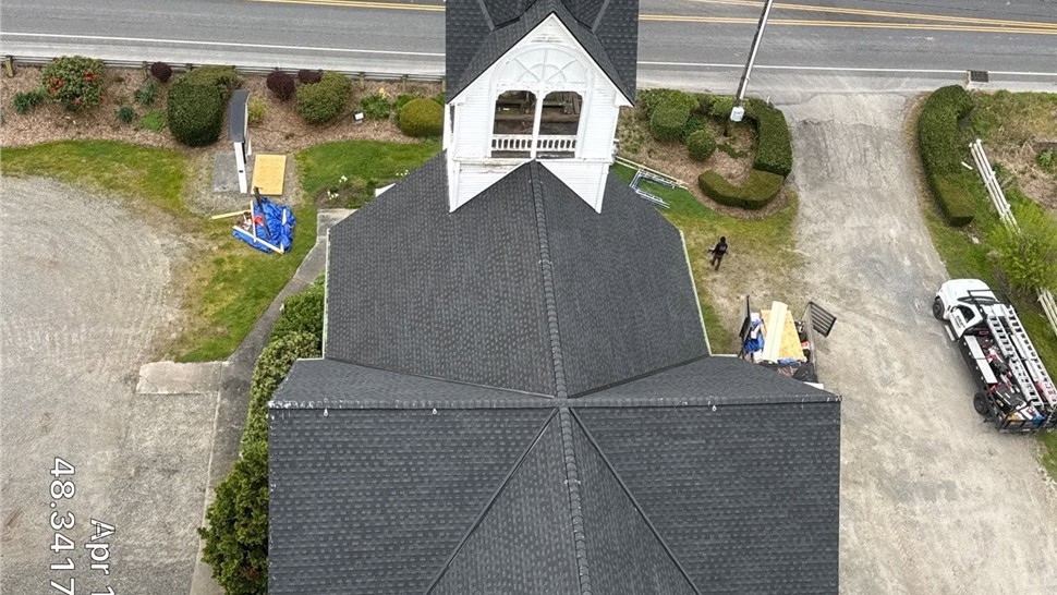 Completed church roof replacement with GAF HDZ Charcoal shingles in Mount Vernon WA