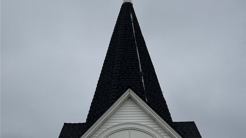 Historic church steeple reroofed with GAF Charcoal shingles in Mount Vernon Washington
