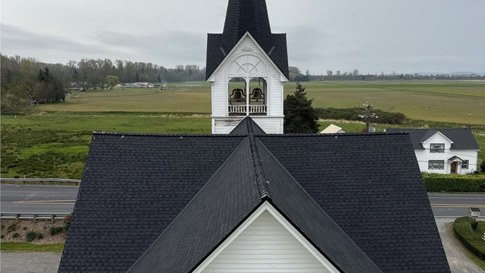 Historic church roof restoration completed with GAF Charcoal shingles in Mount Vernon WA