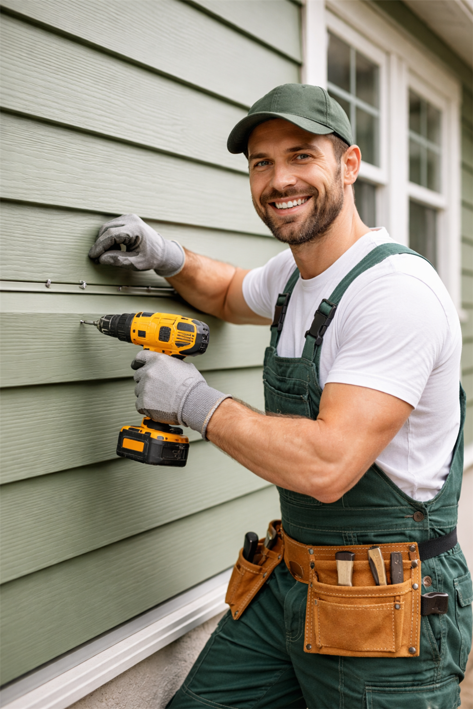 Green siding installation by a professional contractor. Experienced contractor installing durable green vinyl siding on a residential home exterior. Quality craftsmanship, precision installation, and attention to detail for long-lasting curb appeal. Ideal for homeowners seeking reliable exterior renovation and siding replacement services.