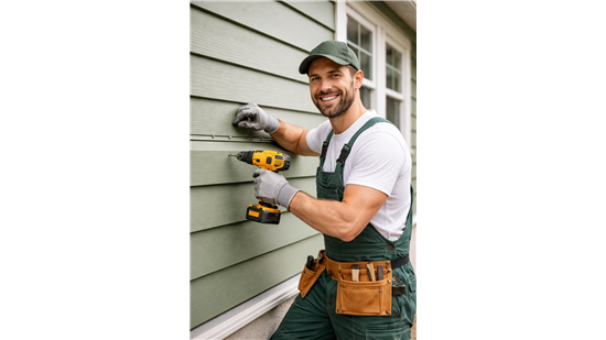 Green siding installation by a professional contractor. Experienced contractor installing durable green vinyl siding on a residential home exterior. Quality craftsmanship, precision installation, and attention to detail for long-lasting curb appeal. Ideal for homeowners seeking reliable exterior renovation and siding replacement services.