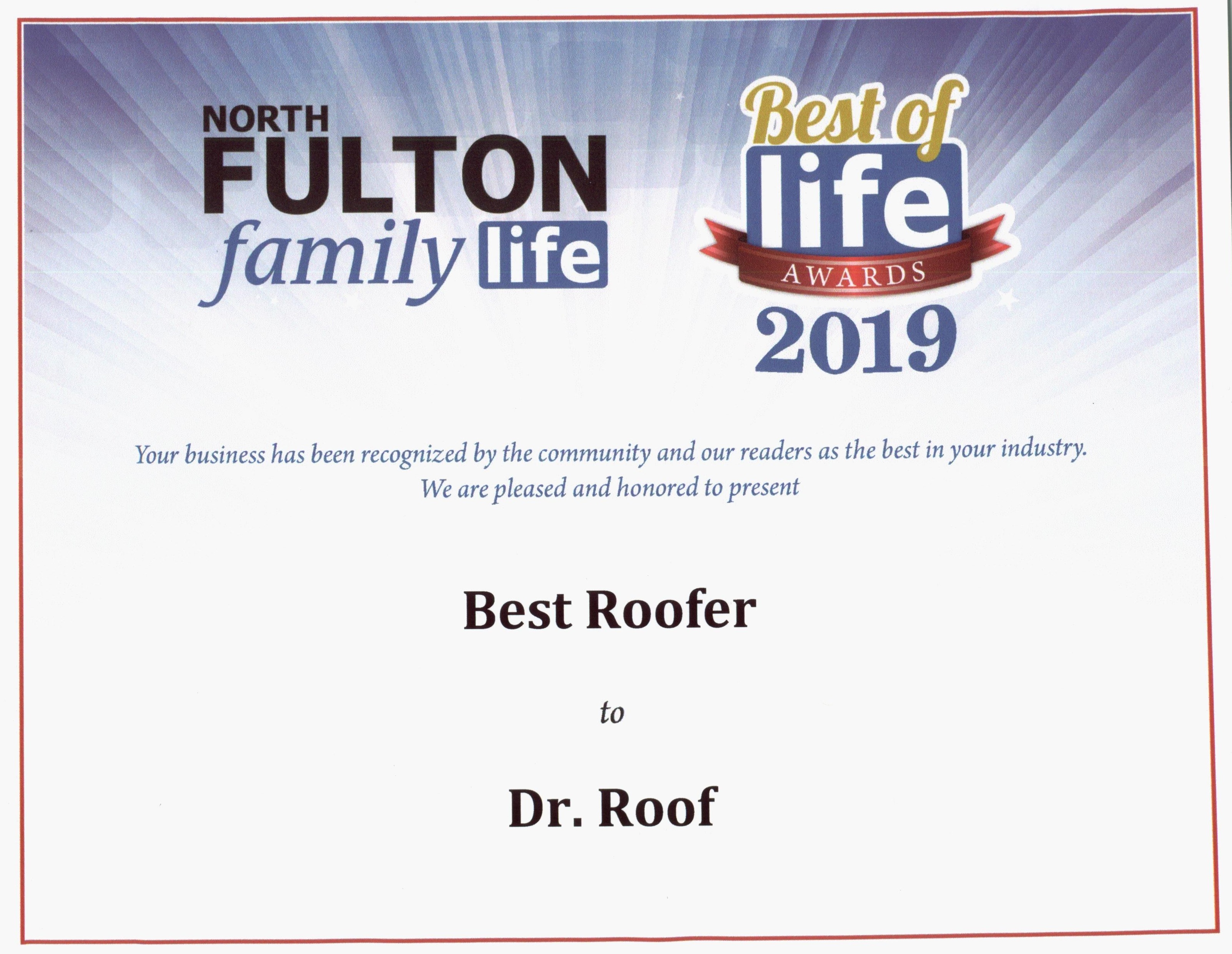Dr Roof Wins North Fulton Life Award