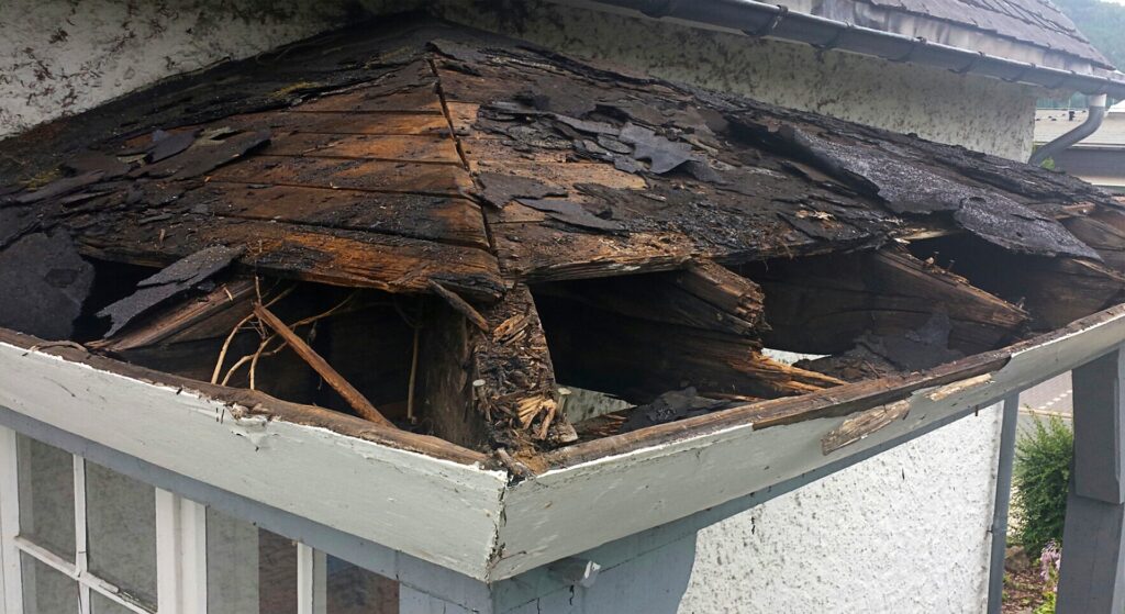 A damaged roof after severe weather