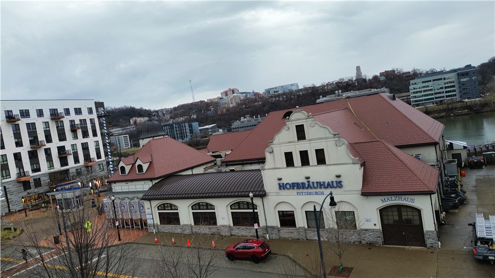 Evans Roofing and Gutters commercial roofing project Hofbrauhaus Pittsburgh PA 2705 S Water St aerial view