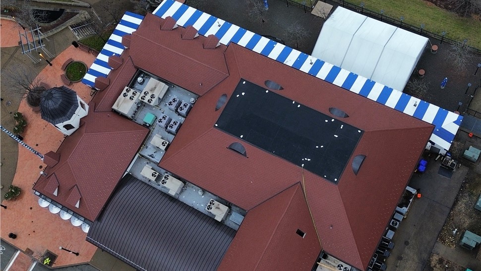 overhead aerial commercial roof Hofbrauhaus Pittsburgh PA Evans Roofing and Gutters installation