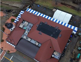 overhead aerial commercial roof Hofbrauhaus Pittsburgh PA Evans Roofing and Gutters installation