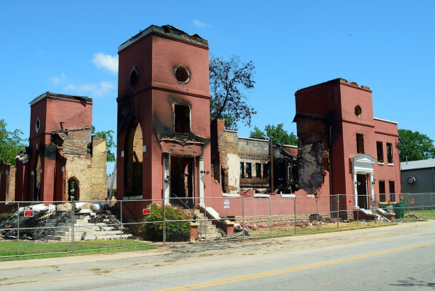 a fire-damaged building structure