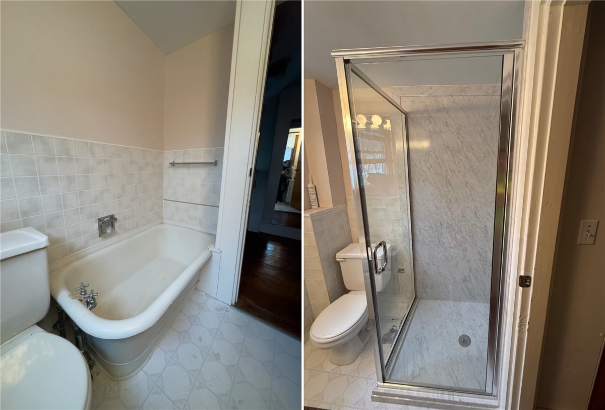 Before and after bathroom conversion: a vintage clawfoot bathtub in a tile-walled bathroom replaced with a walk-in shower enclosed by a chrome-framed glass door, featuring marble-look acrylic walls and a low-profile drain base