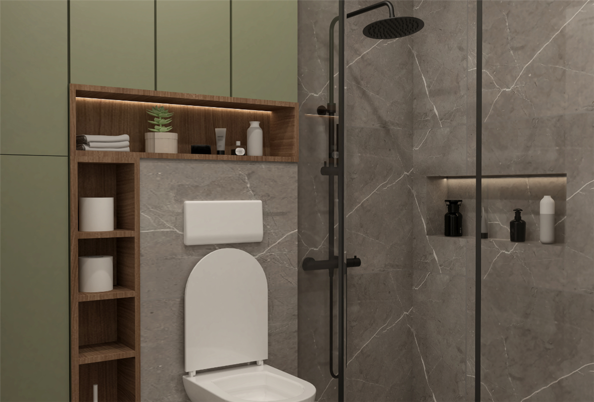 Modern bathroom with grey marble-look walls, a wall-mounted toilet, built-in wood shelving with green cabinetry, and a glass-enclosed shower with black matte fixtures, a rain showerhead, and a recessed niche shelf