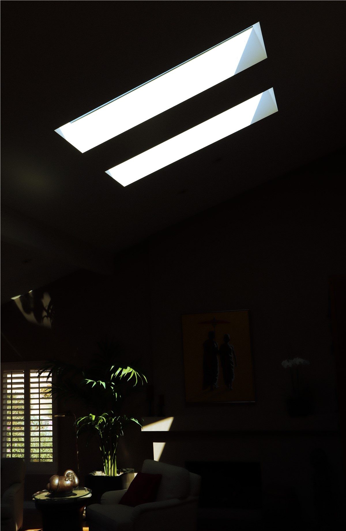Natural light coming in through skylights.