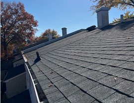 Close-up of a Pewter Gray Timberline HDZ roof replacement on a home in Bowie, MD, with fall leaves and a bright sky in the background.