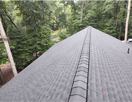 Charcoal Timberline HDZ shingle roof installation in Reston, VA, surrounded by dense, green trees.