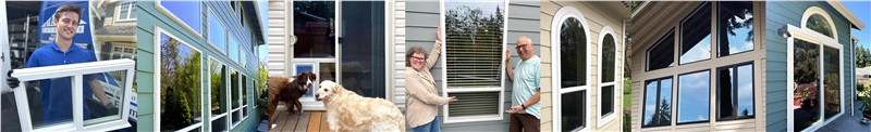 Collage of Harley Exteriors energy-efficient windows and doors, showcasing home remodeling options near Blaine, Bellingham, Seattle, Olympia and surrounding areas.