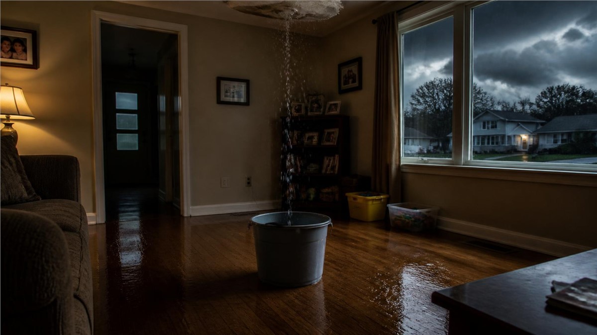 Roofing contractor responding to an emergency roof leak at a home in Pontiac, IL after a severe storm.