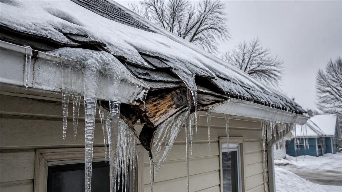 Roof with snow and ice accumulation in Kankakee, IL showing signs of winter roof damage.