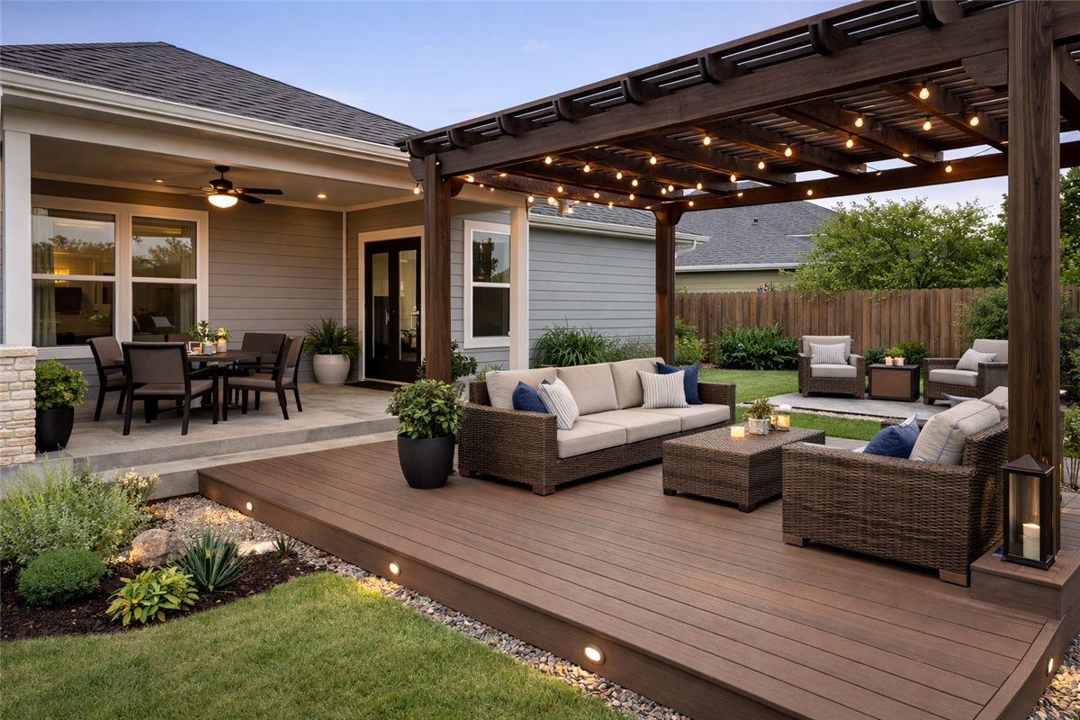 Covered patio and composite deck outdoor living space in Central Texas designed to increase usable square footage and improve home resale value