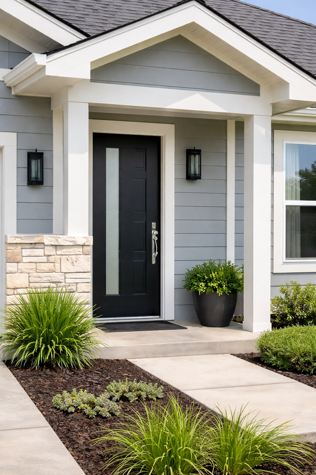 James Hardie fiber cement siding with energy-efficient windows and a modern front door on a Central Texas home focused on curb appeal and resale value