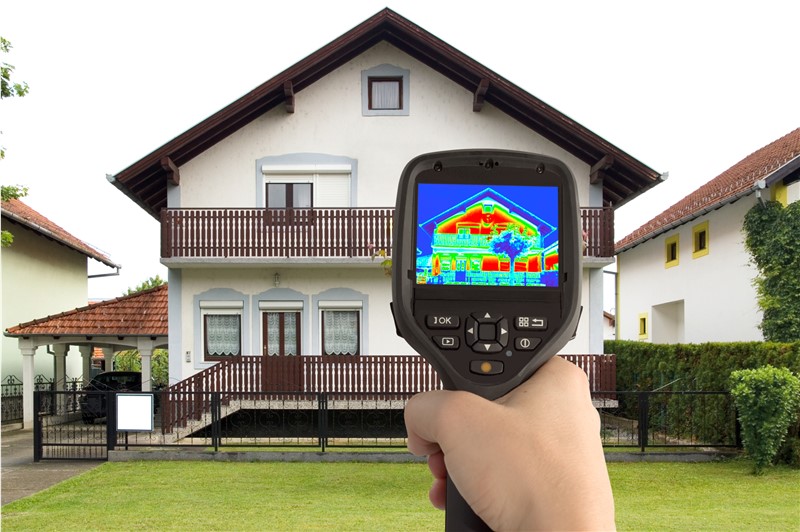 A hand pointing a thermal imaging device at a house to find out where heat and cold air is.