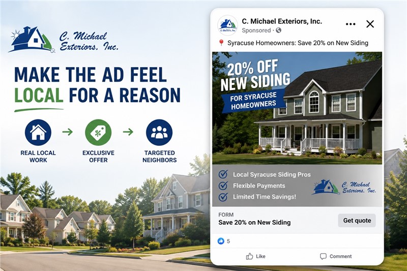 C. Michael Exteriors Facebook advertisement offering local Syracuse homeowners savings on new siding