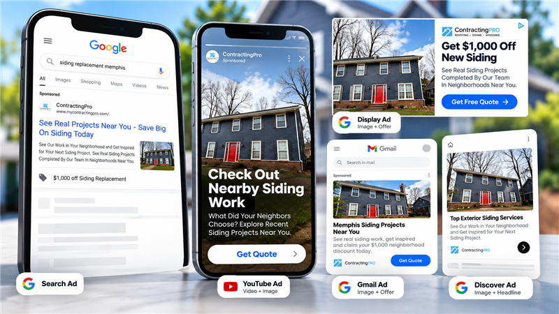 ContractingPRO Performance Max advertising examples featuring local siding projects