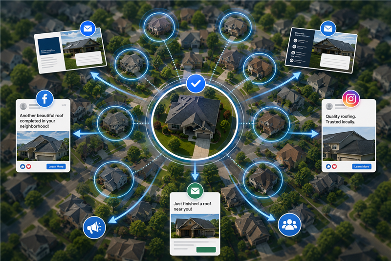 Completed roofing project and neighborhood referral marketing