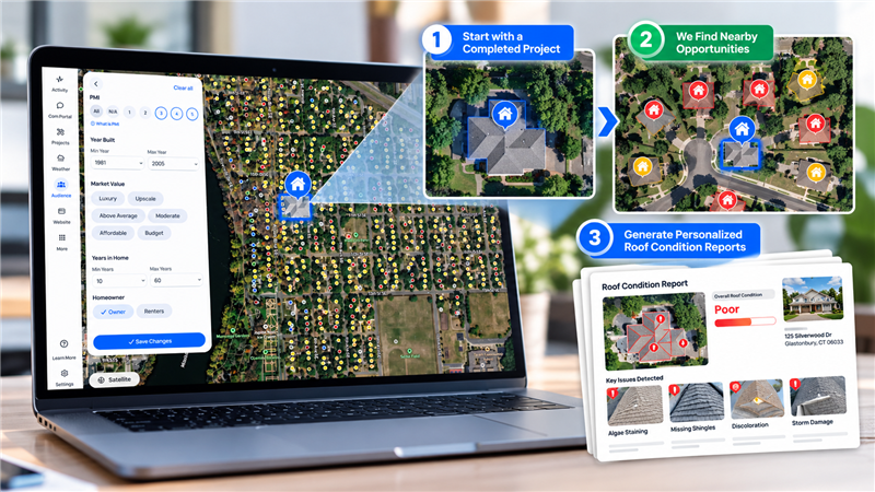 Aerial neighborhood map showing nearby roofing opportunities