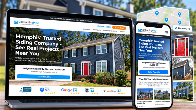 ContractingPRO Memphis siding landing page featuring local projects and neighborhood offer