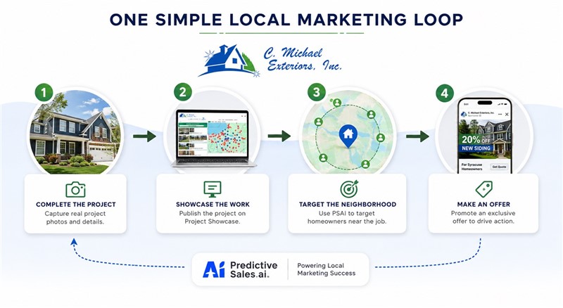 One Simple Local Marketing Loop showing a completed project, Project Showcase, neighborhood targeting, and a local offer