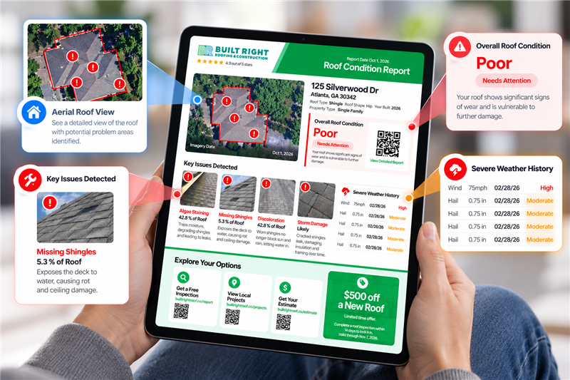 Digital roof condition report with aerial imagery and roof findings