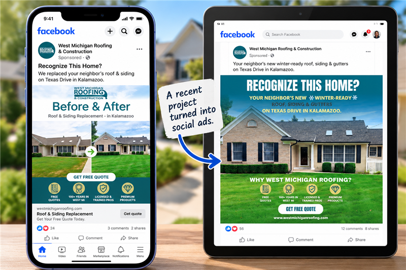 West Michigan Roofing Facebook advertising creative featuring completed neighborhood projects