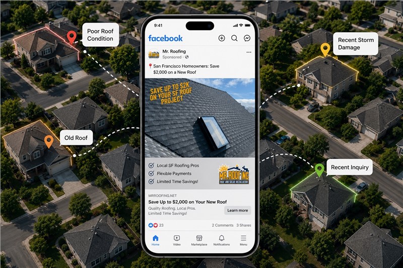 Mr. Roofing Facebook campaign featuring a completed local roofing project