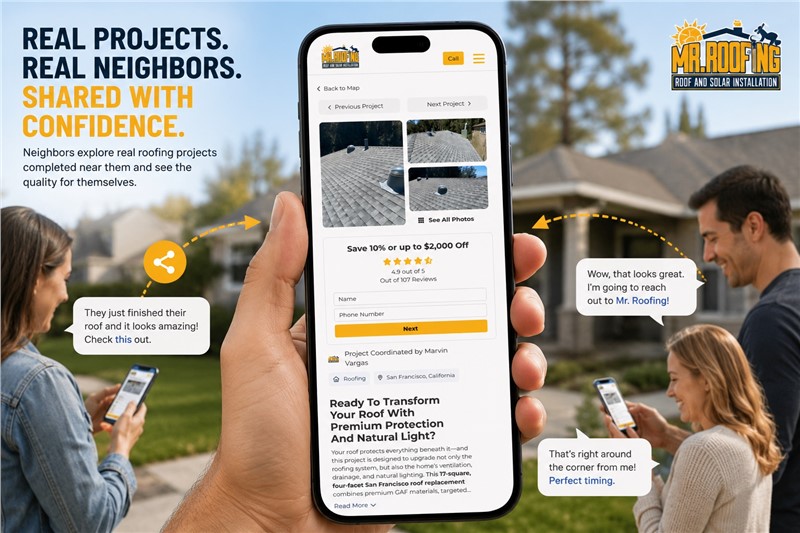 Mr. Roofing neighborhood postcard and completed project landing page