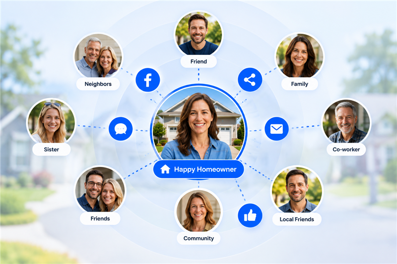 Customer referral network showing direct referrals and social sharing