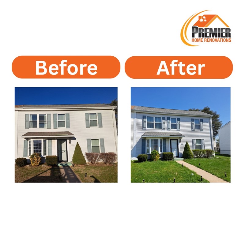 Before and after siding replacement on a two-story home by Premier Home Renovations, showcasing upgraded vinyl siding, shutters, and improved curb appeal.