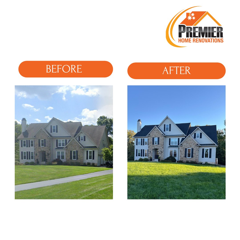Before and after roof replacement project in Newtown PA showing an older residential roof before installation and the completed roofing system with improved curb appeal