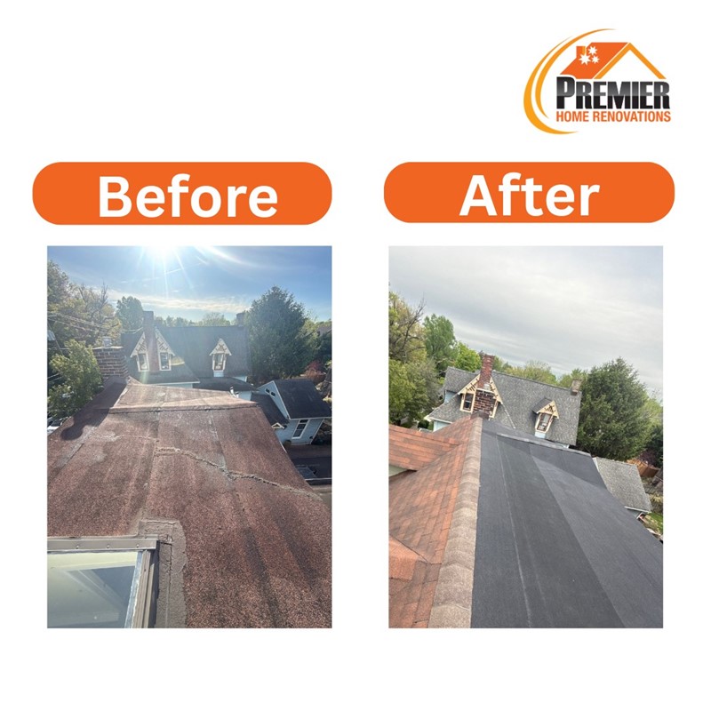Before and after flat roof and skylight replacement project in Newtown PA showing worn roofing surface before repairs and completed flat roof system after installation