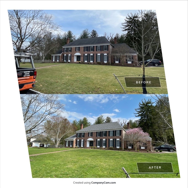 Before and after roof replacement project on Potters Run in Princeton NJ featuring old shingles replaced with new GAF Timberline HDZ Pewter Gray architectural shingles