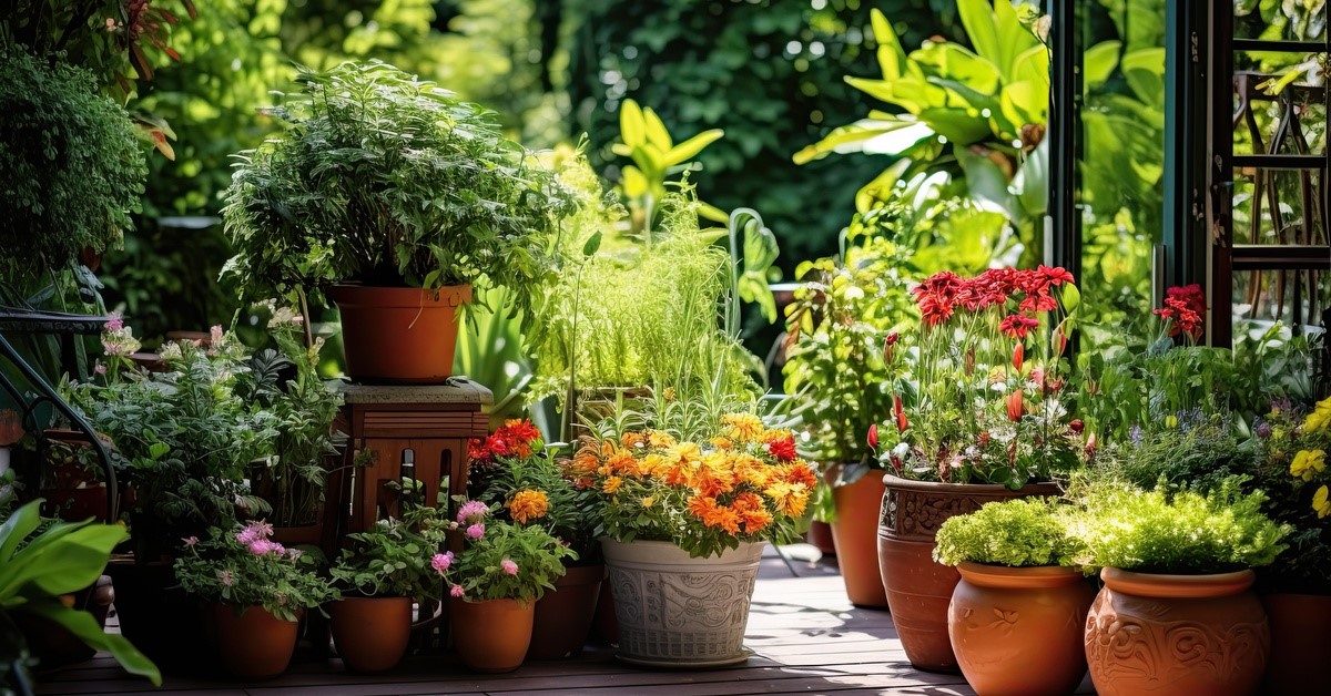 A colorful assortment of flowering potted plants are arranged on a wooden deck next to a house and window.