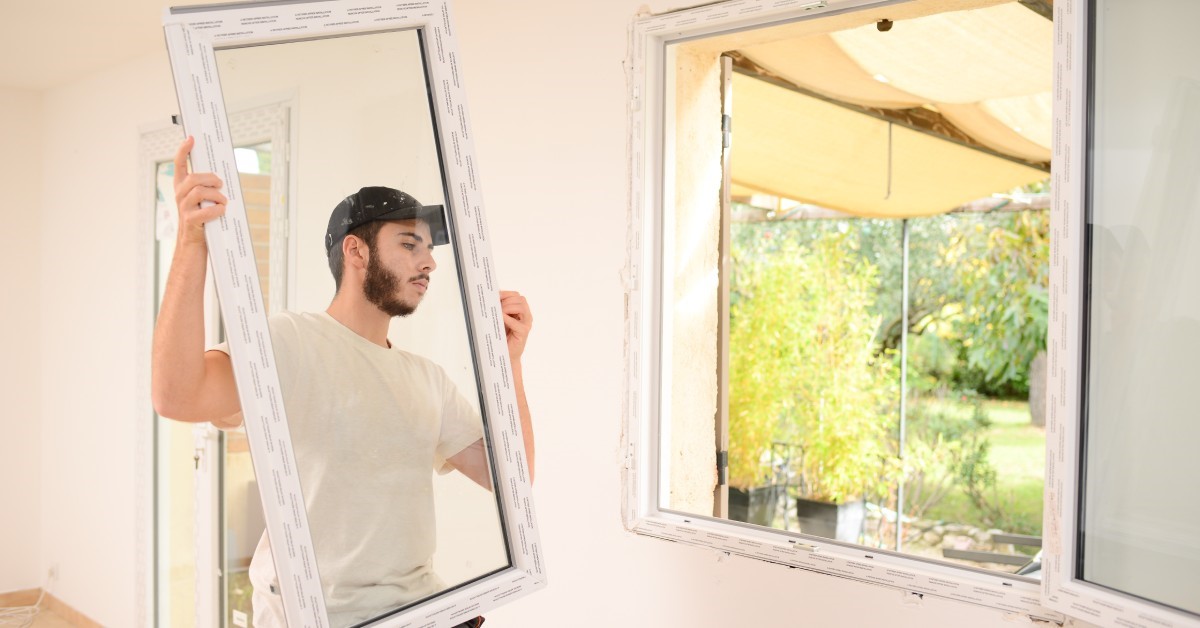 A professional contractor holding a brand-new window, preparing to install it in the home of a client.