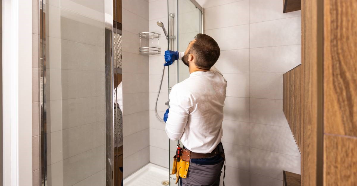 A professional contractor completing a tub-to-shower conversion project by installing a new sliding shower door.