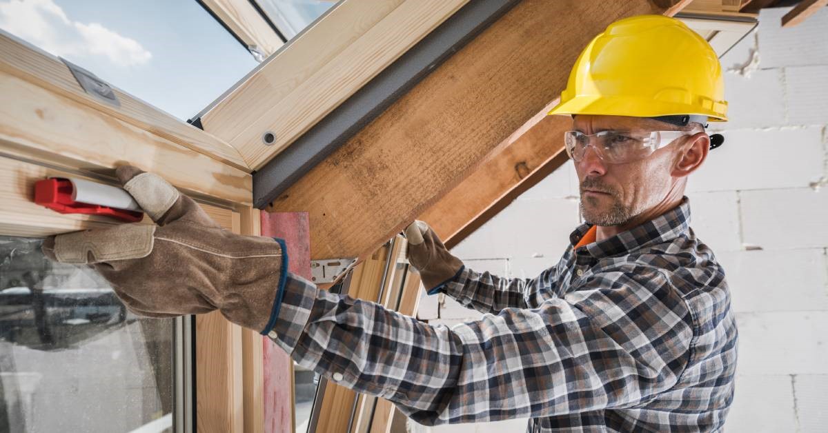 A professional contractor in a hard hat installing a highly complex window for his residential client.