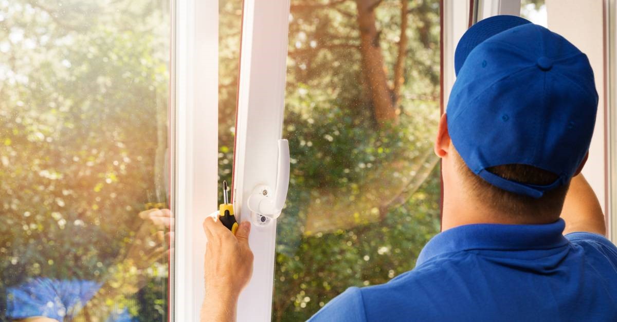 A professional contractor dressed in a blue uniform and cap installs a replacement window pane for his residential client.