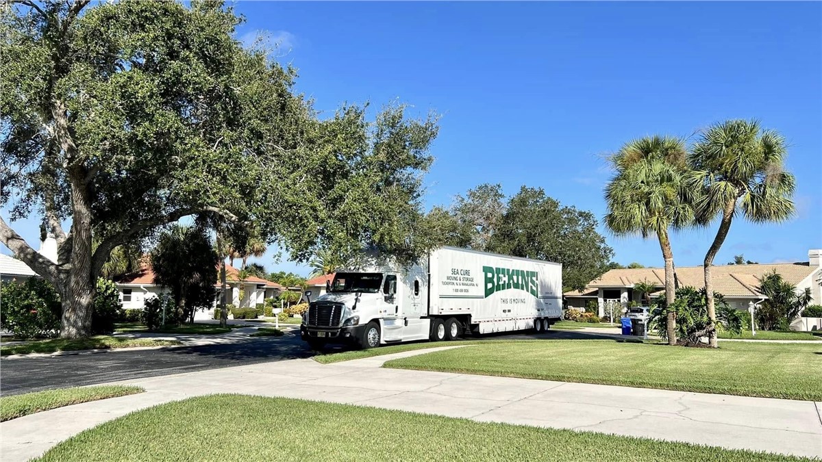Sea Cure Bekins Tractor Trailer in Neighborhood with Palm Trees