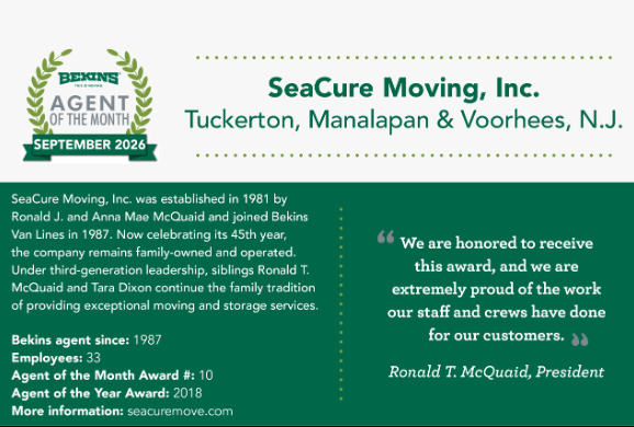 SeaCure Moving Celebrates 10th Bekins Agent of the Month Award