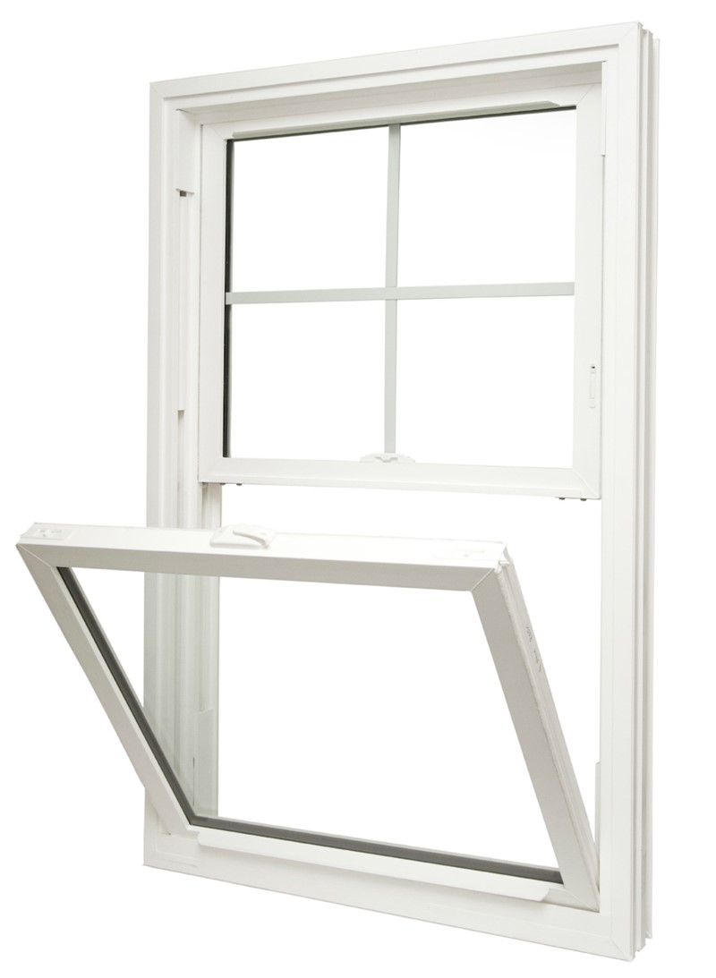 A white, single hung vinyl window with the bottom sash tilted in